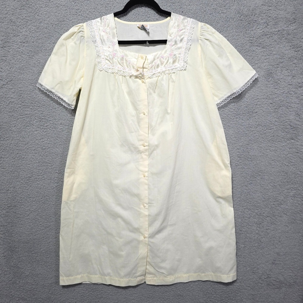Vintage Barbizon Nightgown Dress Cotton Satin Lace Yellow Bow Embroidered M‎